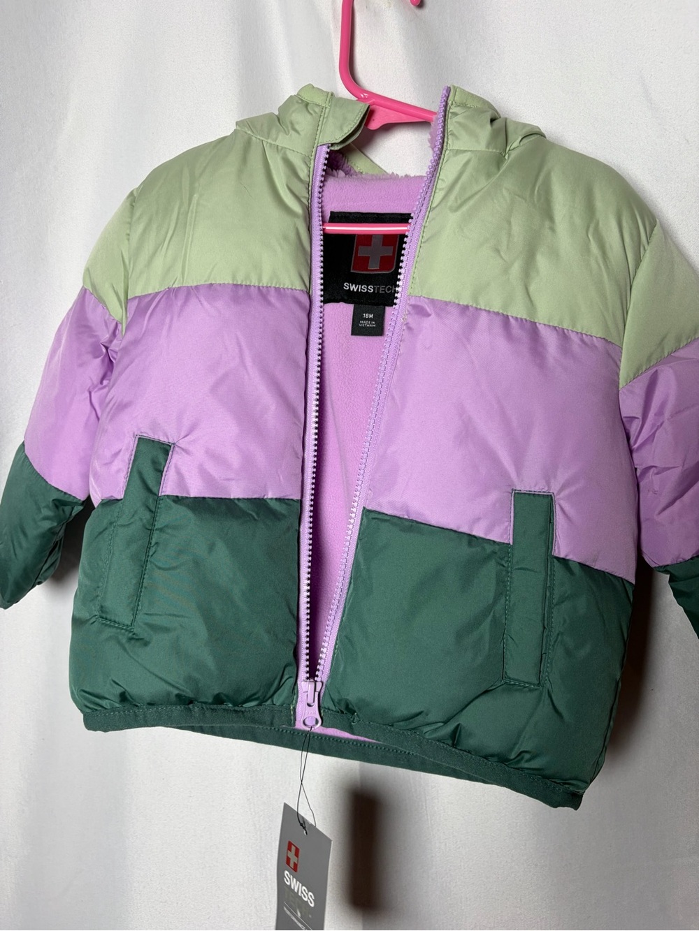 Swiss Tech Kids Colorblock Puffer Jacket - Light Green, Lavender & Dark Green